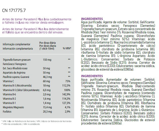 COMPLEMENTO ALIMENTICIO MÁS ENERGIA Y RENDIMIENTO PARASTENIL PLUS EN FORMATO STICK VENTA ONLINE EN https://parafarmaciashop.com/